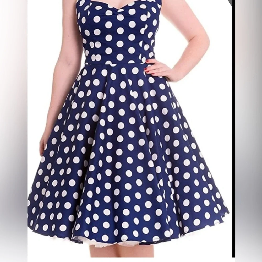 hell bunny blue polka dot dress Knee Length Navy Pinstripe Costello Dress by Hell Bunny – Modern Millie main image 0